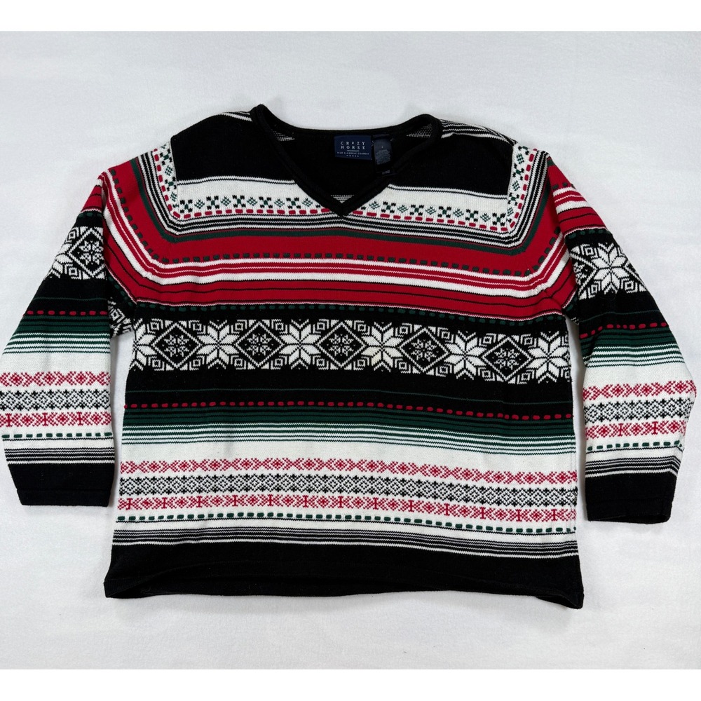 Crazy Horse Sz 2 Sweater Vintage Fair Isle Cotton Snowflake V-Neck